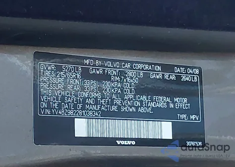2008 Volvo Xc70 3.2 z USA, uszkodzony, nr VIN YV4BZ982281038342